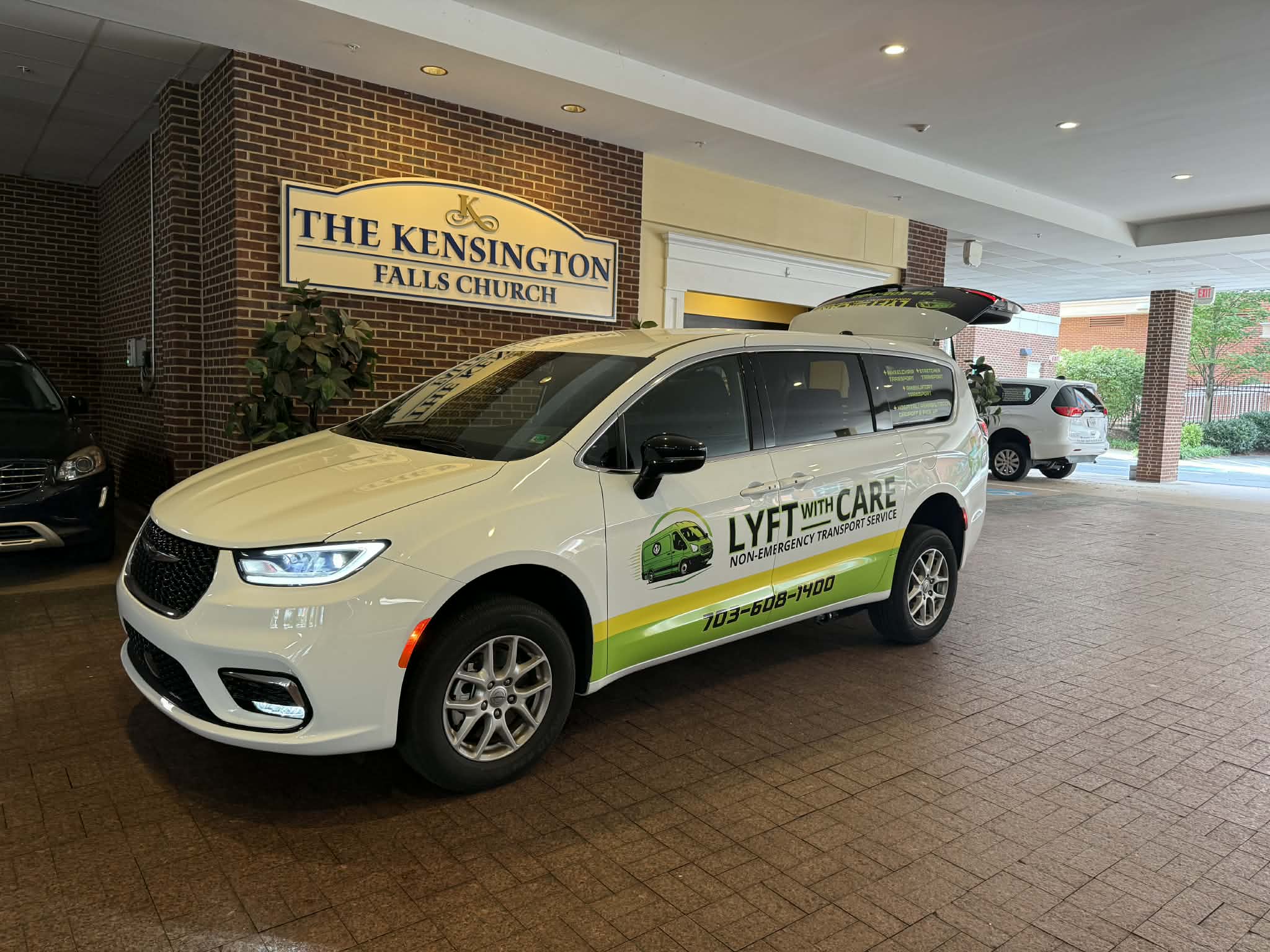 Lyft With Care non-emergency medical transportation van serving healthcare facilities in Falls Church, Virginia.