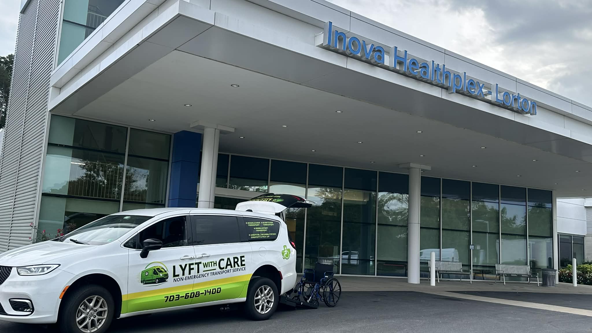 Lyft With Care wheelchair-accessible van providing non-emergency transportation for patients outside Inova Healthplex in Lorton, Virginia.