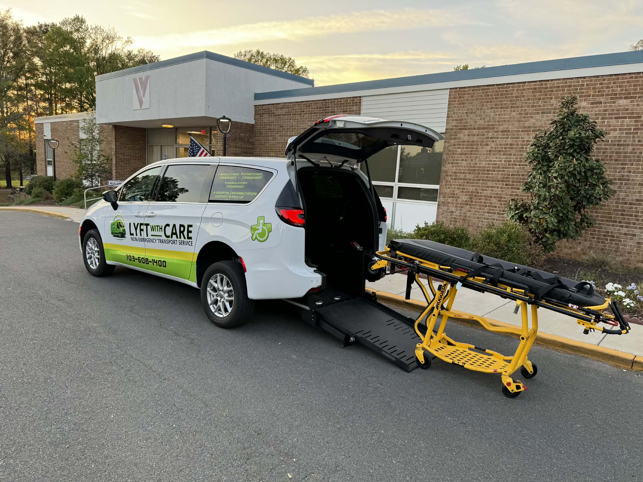 Lyft With Care stretcher transport van with rear ramp deployed in Northern Virginia