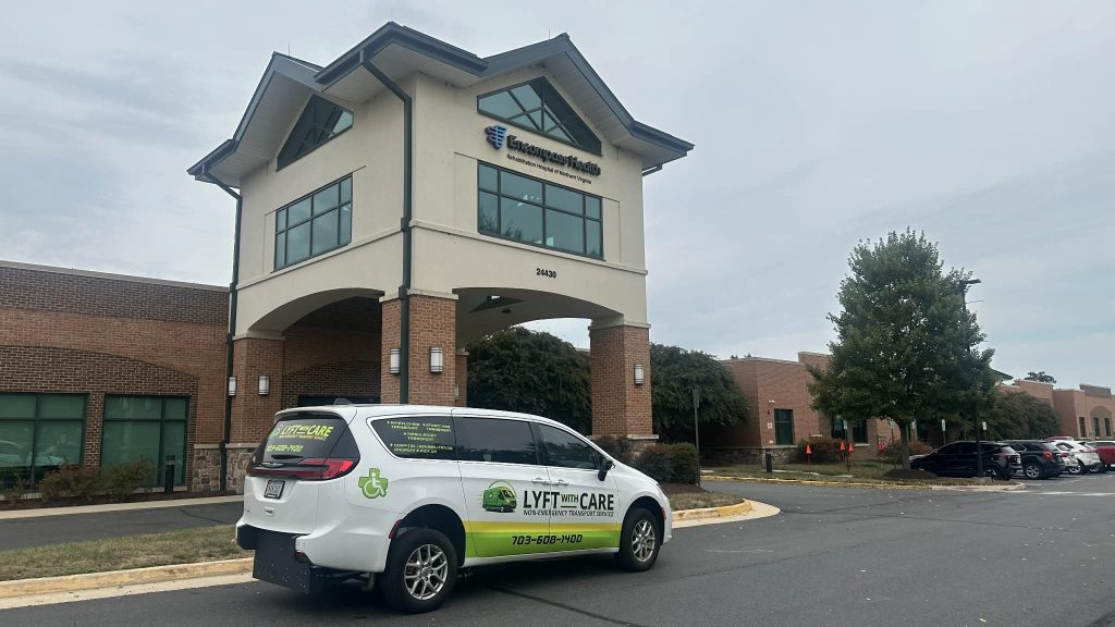 Lyft With Care non-emergency medical transportation van parked at a healthcare facility in Northern Virginia
